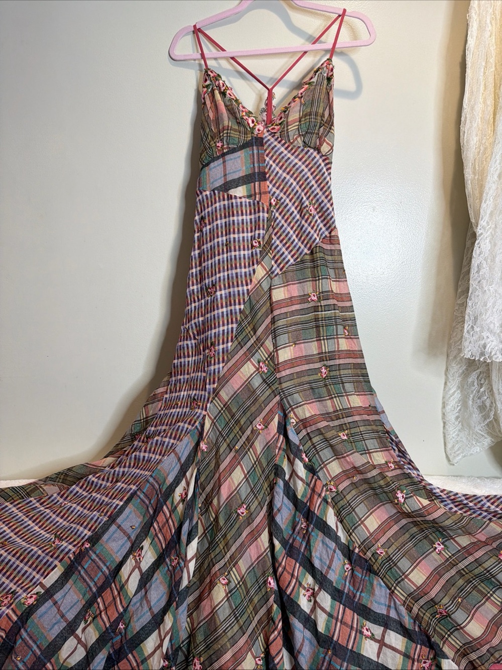 Free People Prairie Dust Plaid Patchwork Embroidered Floral Maxi Dress M - Picture 6 of 10